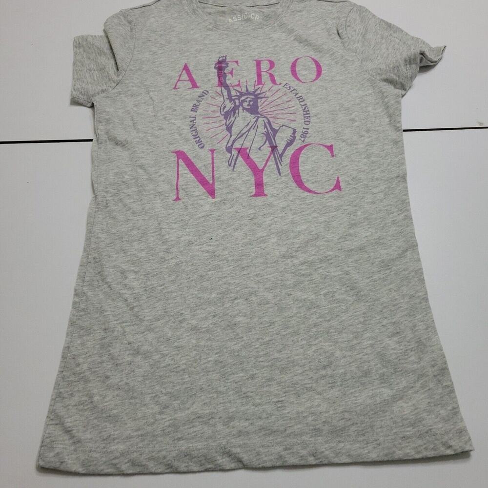Aeropostale Shirt Womens XS Grey Tee NYC Spellout Aero Stretch Classic Crew Top